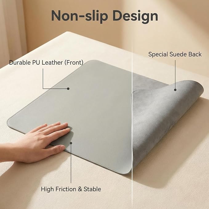 Leather Desk Pad Protector - (Light Gray, 16" x 48") Large Mouse Pad, Office Mat, Non-Slip PU Leather Blotter, Laptop Desk Pad, Waterproof Writing Pad for Office and Home