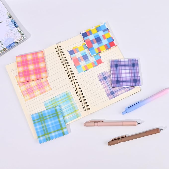 192 Sheets Transparent Sticky Notes, 3 x 3 Clear Self-Stick Note Glitter, Waterproof Translucent Memo Pads, See Through Self-Adhesive Note for Office School (Multicolored Plaid)