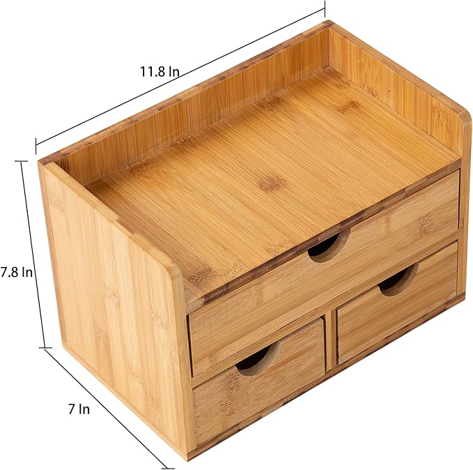 Rustic Bamboo Desk Organizer with Drawers,3-Drawer Desktop Storage Box | 3 Drawers Mini Open Top Shelf Pens, Notes, Makeup, Jewelry & Toiletries for Office, Bath Toiletries Vanity Office Supplies