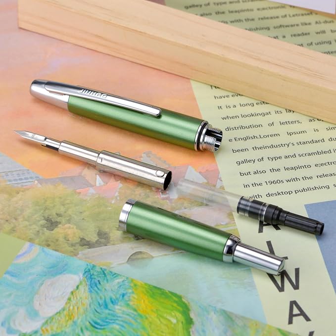 Jinhao 10 Press Fountain Pen with Box, Sea Pine Green Retractable Fine Nib with Converter Set (Silver Clip)