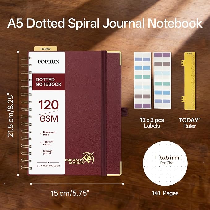 POPRUN Dotted Journal Spiral Notebook, A5 Bullet Dot Grid Journals for Women Men, 120 GSM Thick Paper, 141 Pages Hardcover Notebooks for Journaling, Drawing, Writing, 5.75'' x 8.25'', Burgundy