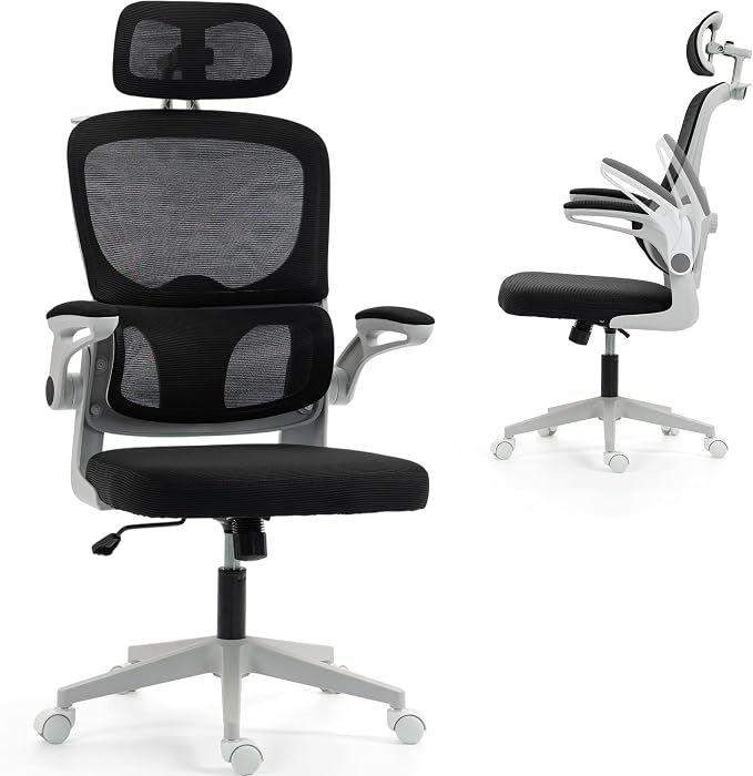 Ergonomic Office Chair with Flip-up Arms, Grey | Home Desk Chair w/ Coat Hook, Adjustable Headrest and Lumber Support, Mesh Computer Gaming Chair, 330 LBS