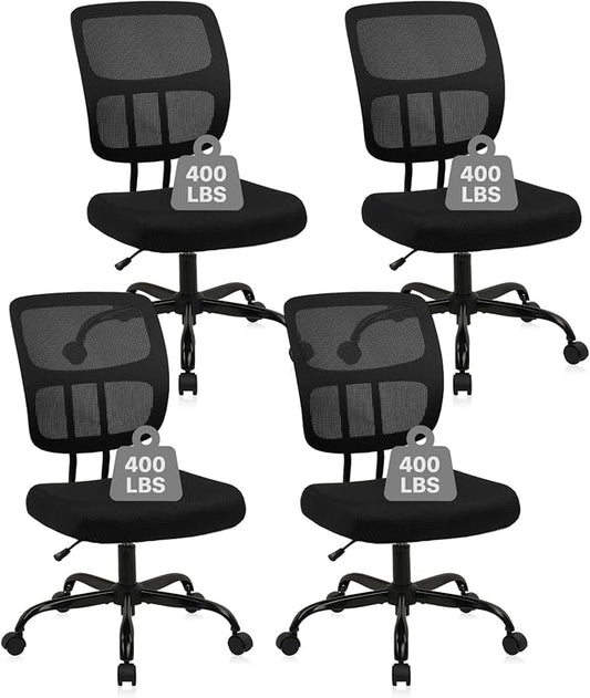 CLATINA Armless Home Office Chair, Small Ergonomic Mesh Back Desk Chairs with Lumbar Support and Wheels, Adjustable Height 360° Swivel Rolling Computer Chair for Conference Waiting, Black, 4Pack