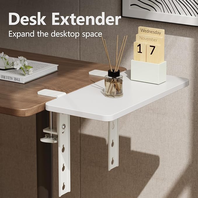 3 in 1 Clamp-on Desk Extender Shelf, 15.7×7.5 Inch, White | Adjustable Desk Riser for Monitor & Keyboard, Heavy-Duty Side/Top Desk Organizer Shelf, Desktop Storage for Office Supplies