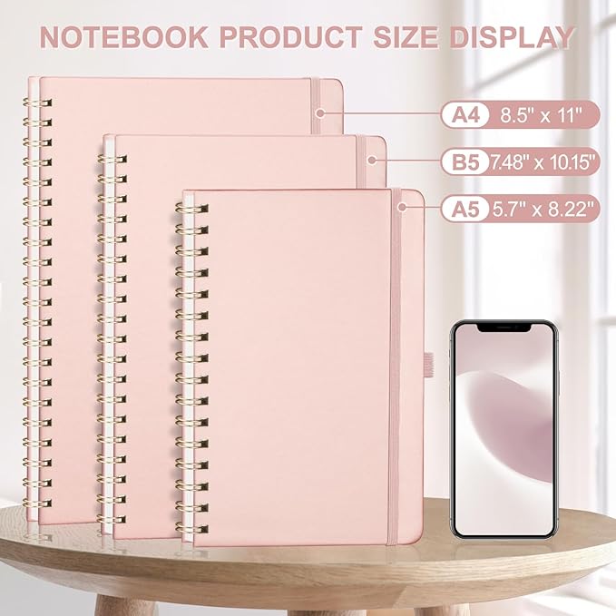 AHGXG Dotted Journal Spiral Notebook 8.5" x 11", Large A4 Leather Hardcover Dotted Notebook, 100 GSM Thick Dot Grid Paper, Inner Pocket, for Dotted Journaling, Rose Gold