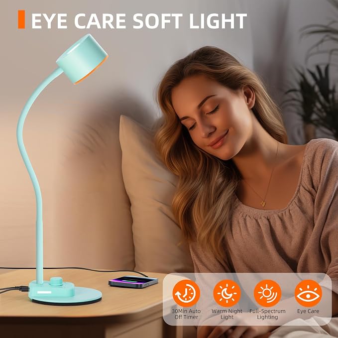 LiFMIRA Desk Lamp, Fully Dimmable Bedside Reading Lamp with USB C + A Charging Ports, 5 Colors, Simple to Operate, Eye Care Metal Table Lamp Efficient Desk Lamps for Home Office College Dorm Room