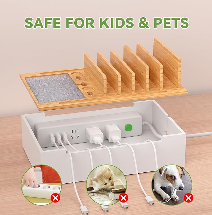 Pezin & Hulin Charging Station, Natural+White (No USB Charger and Cables) | Electronic Devices Organizer for Multiple Devices Charger Such As Cell Phone, Tablet, Watch and More - Bamboo