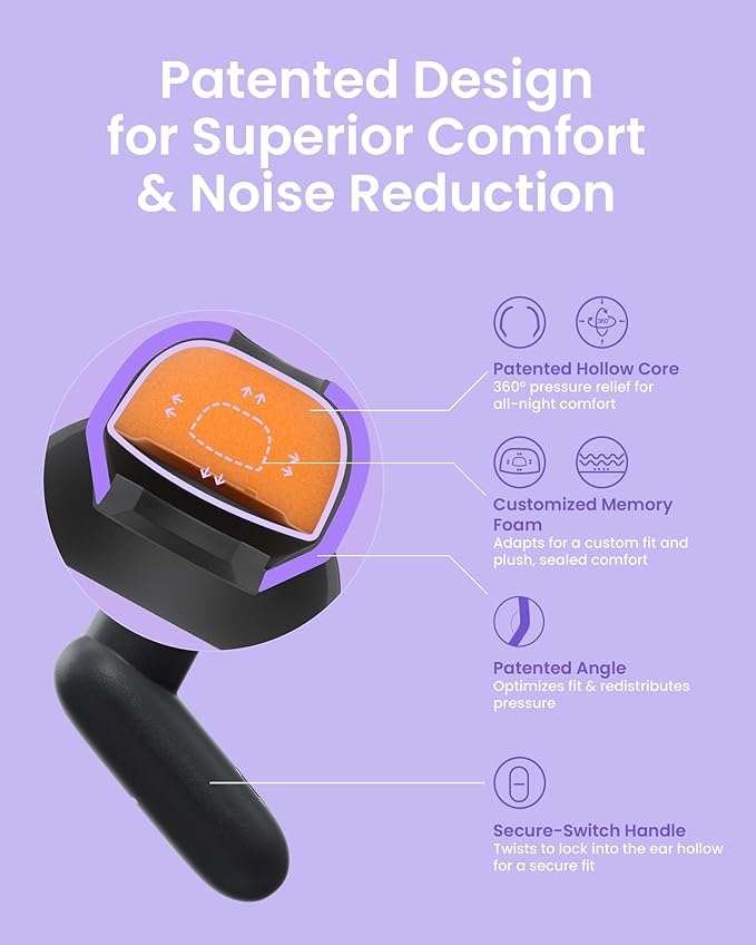 Dream Ear Plugs for Sleep, Ultra-Soft 26 dB (SNR) Noise-Reducing Earplugs with Patented Qufits Ear Tips and Portable Case, Reusable Silicone Earplugs for Sleep, Work, Study, Travel - Purple