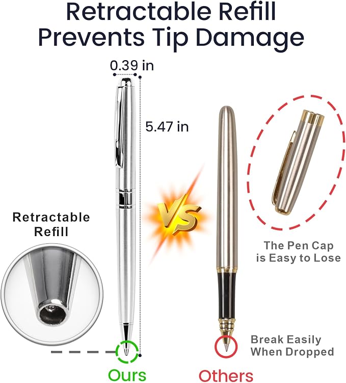 Cambond Ballpoint Pens Black Ink - Weighted Metal Twist Silver Pens for Police Uniform Flight Attendant Business, 1.0 mm Medium Point Smooth Writing, 3 Pens with 3 Refills (Silver)