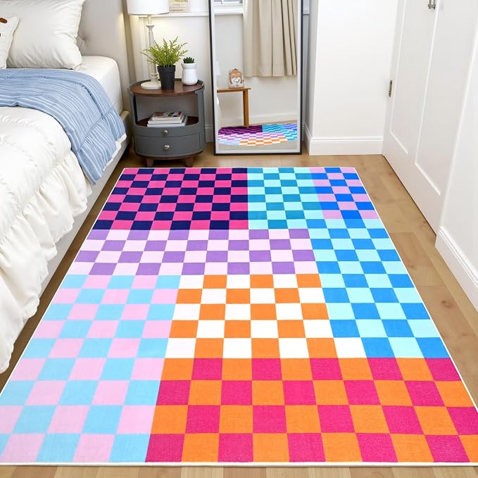 Terrug Multicolored Checkered Rug for Bedroom,3x5 Area Rugs Washable with Non Slip for Living Room,Soft Low Pile Stain Resistance Retro Carpet for Dorm Kids Room