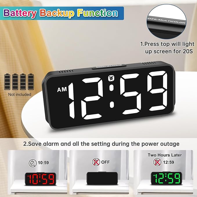 Peakeep Small Cute Digital Alarm Clock Plug-in for Kids Bedrooms Bedside | RGB Colorful Changing Large Display Full Screen, Dimmable 6 Brightness, Corded Electric Battery Backup (Black - RGB)