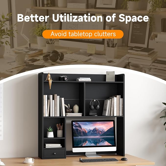 knoworld Desktop Bookshelf for 27" Monitor, Space-Saving Engineered Wood Desk Hutch Organizer with Adjustable Shelves & Drawer, Clutter-Free Tabletop Bookcase for Dorm & Home Office, Black
