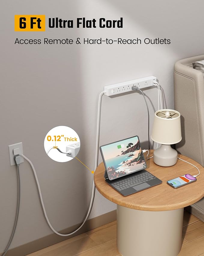 2 Pack Flat Plug Surge Protector Power Strip, 6ft Ultra Thin Extension Cord with 3 USB, SUPERDANNY 6 Outlets Charging Station, Wall Mountable Outlet Extender for Home Office, College Dorm Room