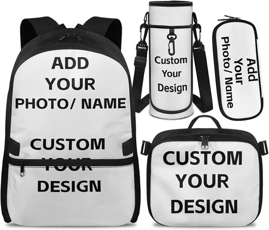 Doojoayie Personalized Backpack for Kids Custom Name Bookbags with Name/Picture School Backpack for Kids Personalized Bookbag with Lunchbox Set School Supplies