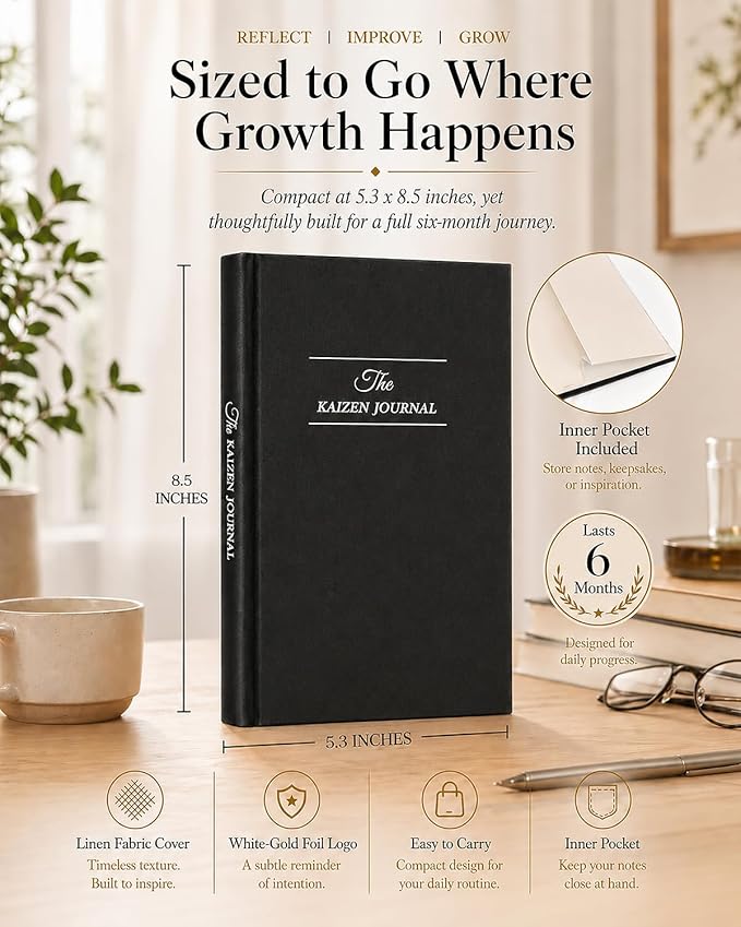 The Kaizen Journal for Self Improvement – Undated Daily Planner & Habit Tracker for Men & Women, Productivity, Focus & Mental Health – 24-Week Goal Planner with Gift-Ready Box (Black)