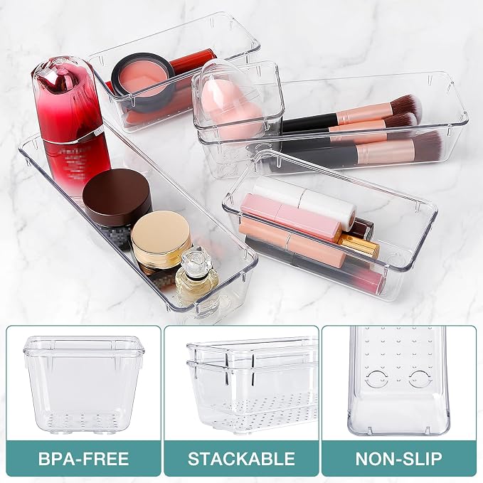 13 PCS Drawer Organizer Set, 5 Size Bathroom and kitchen organizer Trays | Bathroom and kitchen Drawer cabinet organizer Trays, Clear Storage Bins for Makeup, Jewelry, Utensils and Gadgets