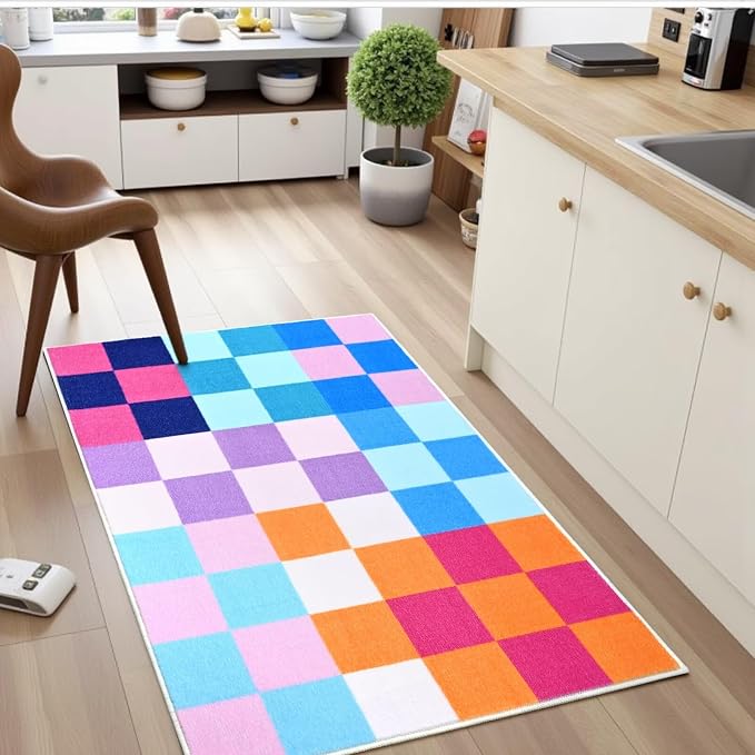 Terrug Multicolored Checkered Rug for Entryway,2x3 Small Area Rugs Washable with Non Slip for Kitchen,Soft Low Pile Retro Carpet for Bedroom Front Door Porch