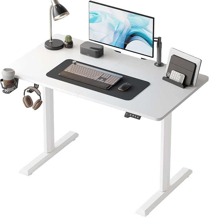 FEZIBO Standing Desk, 44 × 22 Inches Electric Height Adjustable, Sit and Stand Up, Computer Office Desk with Splice Board, White Frame/White Top