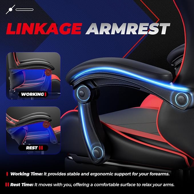 Auto Dynasty Ergonomic Gaming Chair, High-Back Office Chair w/Adjustable Lumbar Support, Linkage Armrest, Headrest & Footrest, 350LBS Recliner Swivel Computer Game Racing Chair, Red/Black