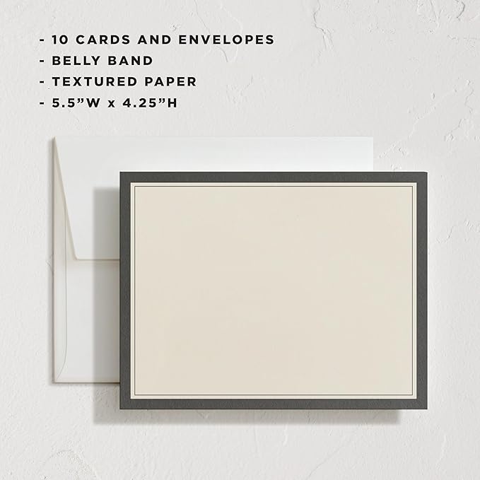 Minted Formal Initials Stationery Set, Set of 10, Flat Note Cards & Envelopes for Invitiations and Handwritten Thank You Messages, Black & Cream Stripes Design, Gifts for Women, Luxurious Paper