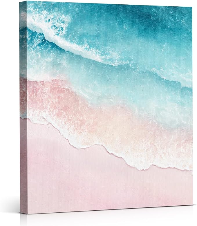 Coastal Pink Beach Wall Art Decor Blue Ocean Wave Painting Picture Artwork Pastel Seascape Wall Decor for Home Beach Room Bedroom 8x10 Canvas Framed