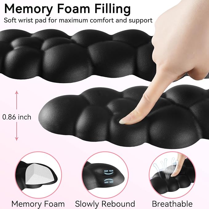 Sushret Cloud Wrist Rest for Computer Keyboard, 4-in-1 Memory Foam Leather Cloud Keyboard Wrist Rest and Mouse Pad Set with Ergonomic Support for Arm and Palm Cushion, Gaming/Work Setup, Black