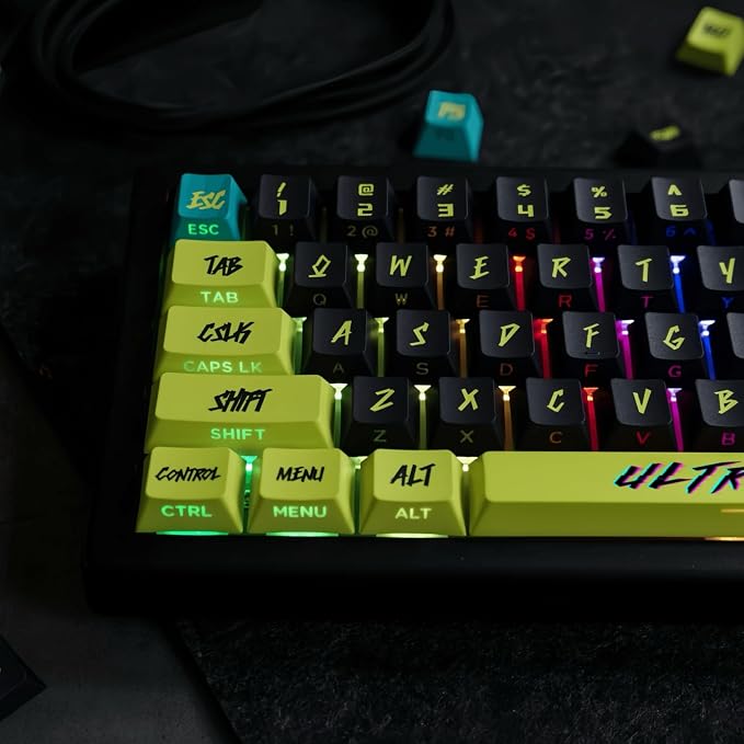 PBT Keycaps V2 Cyberpunk Keycaps Shine Through Side Printed Thick Cherry Profile 130 Keys Dye Sub Custom Set for ISO ANSI 60 65 75 100 Percent Mechanical Keyboard -Cyber Lemon v2