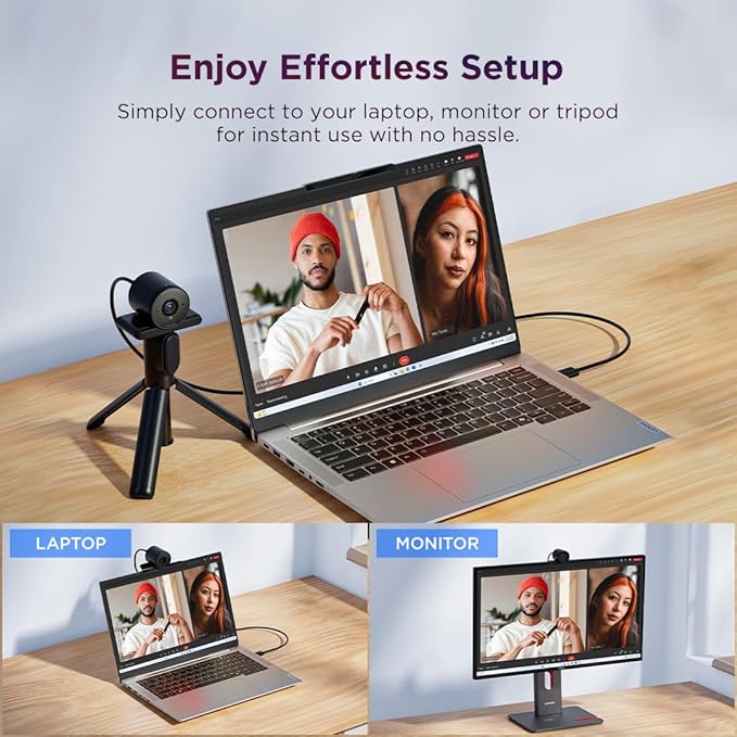 Lenovo FHD Webcam, 1080p Resolution, 30 fps, Dual Noise-Cancelling Microphones, AI Noise Cancellation and Enhanced Image Quality, Physical Privacy Shutter, Microsoft Terms Certified, Black
