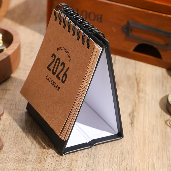 Mini Desk Calendar 2026-2027- Small Desktop Calendar January 2026 to June 2027, Mini Daily Schedule Thick Paper Twin-Wire Binding with Stickers for Home Office School (Kraft paper color)