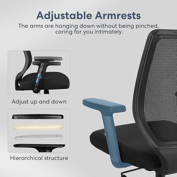 Ergonomic Office Chair Home Mesh Desk Chair with Adjustable Arms - Mid Back Computer Chairs for Adults - Swivel Task Chair Comfortable for Home Office (Black)