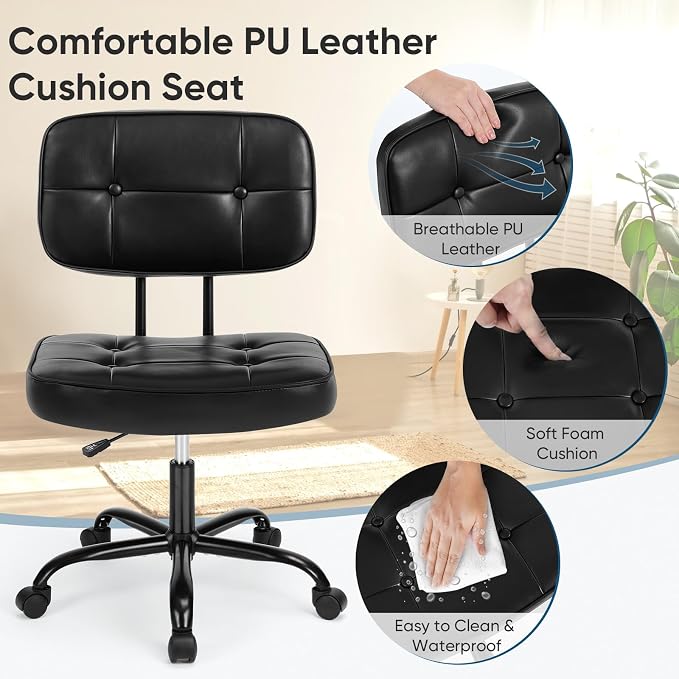 DUMOS Armless Office Desk Chair, Small Vanity Chair with Lumbar Support | PU Leather, 360° Rolling Swivel, Height Adjustable, Fit Computer Task, Bedroom Living Room, Black