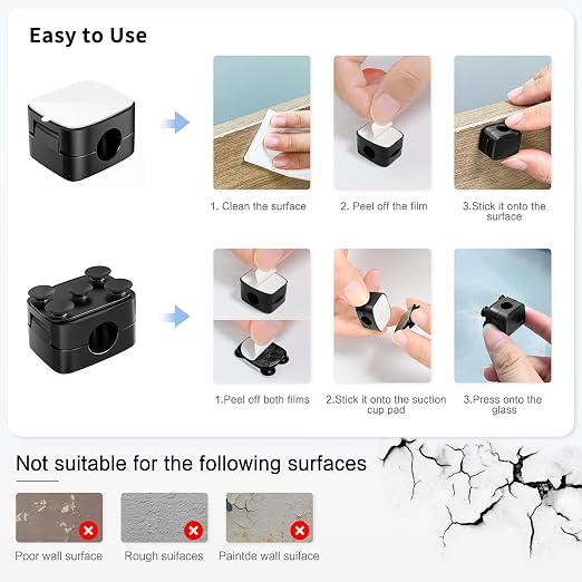 6-Piece Magnetic Cable Clips Set with 6 Silicone Suction Cups for Cable Management | Magnetic Cord Holder and Organizer Keeper for Home Office, Desk, Phone, Car, Wall, and Nightstand