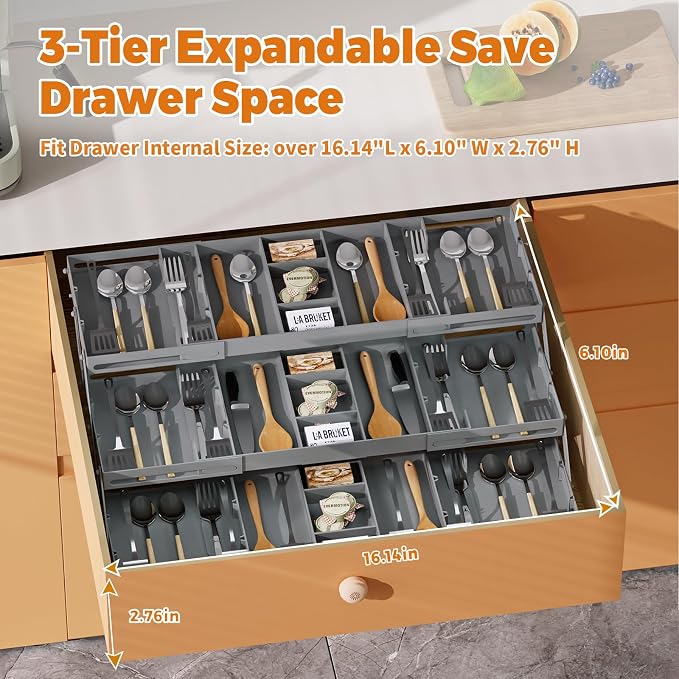 3 Tier Drawer Organizer Versatile Expandable Junk Drawer Organizer Grey | Multi-level Desk Organizer for Makeup, Jewelry, Cosmetics, Kitchen Storage, Smart Office Supply Drawer Storage for Gifts