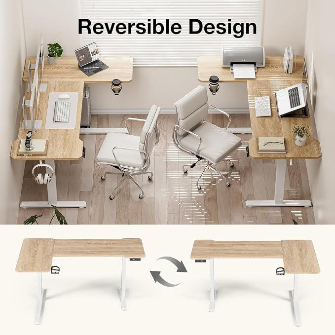 Acrolix L Shaped Electric Standing Desk - 59x40 Inch Reversible Corner Sit Stand Desk with Hook&Cup Holder,Electric Height Adjustable Table,for Home Office Gaming Computer Desk, Oak
