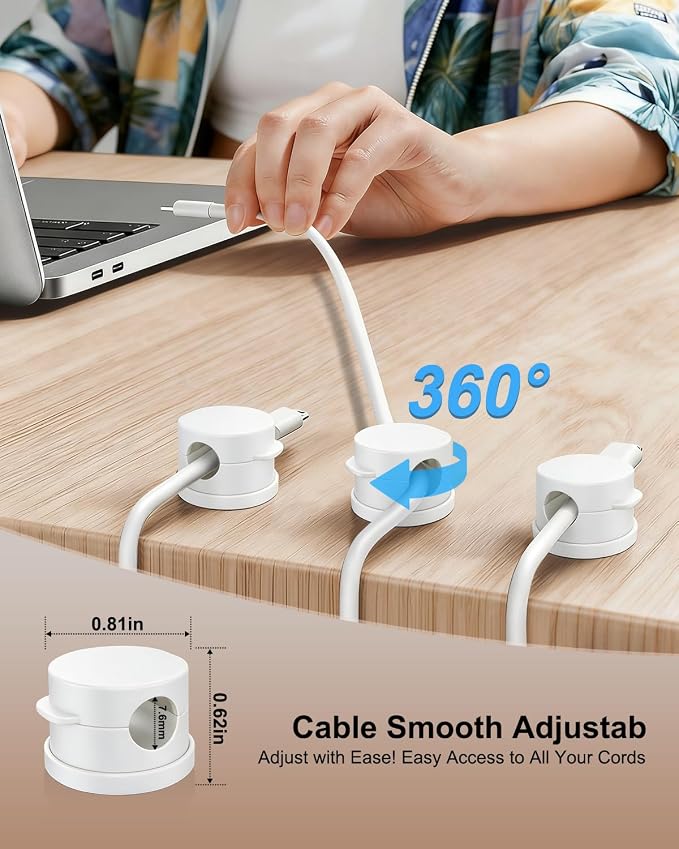 OneLeaf 12 Pack Spring Cable Clips for Phone Charger, One-Hand Cord Holder for Nightstand & Desk, Rotatable Desk Cable Management with Strong Adhesive, White