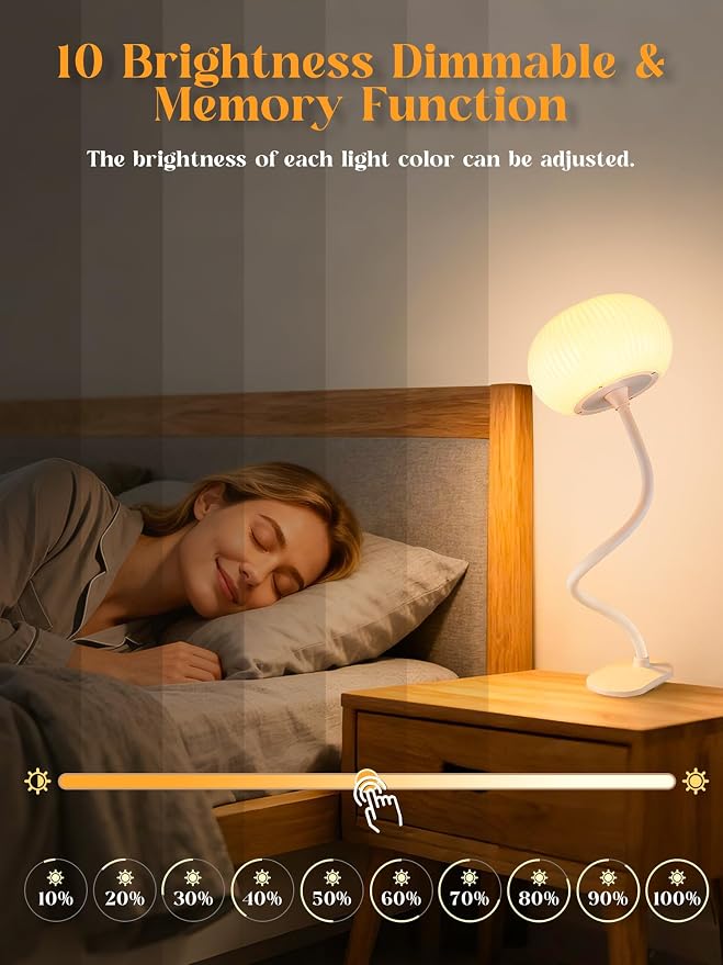 Clip on Lamp, 10 RGB Colors+10 Brightness Desk Lamp with Clamp, 800 Lumen Bright Clamp lamp, USB Adapter Reading Light for Bed/Headboard/Bedside Table/Bedroom/Kids Room/College Dorm