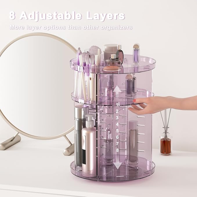 Rotating Makeup Organizer, DIY 8 Adjustable Layers Spinning Skincare Storage, Cosmetic Display Case with Brush Holder and Perfume Tray, Multi-Function Vanity Bathroom Countertop Organizer Clear Purple