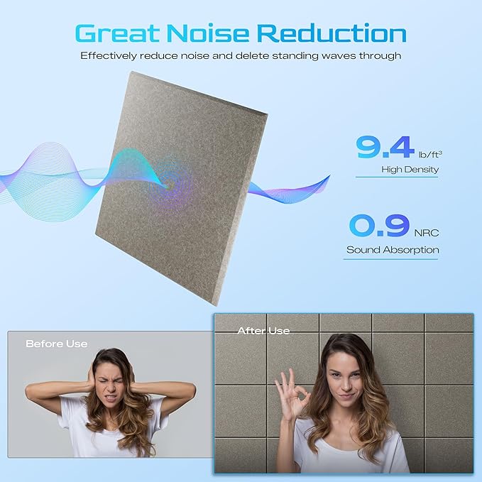 6-Pack Self-Adhesive Acoustic Panels, 12" X 12" X 0.4" High-Density Sound Proof Foam Panels for Walls, 36" x 24" Felt Bulletin Board, Soundproof Wall Panels for Home & Office (Camel)