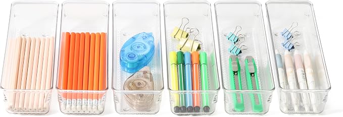 6 Set Clear Plastic Junk Drawer Organizer Vanity Curlery Utensil Makeups Organizer for Kitchen 9''X 3''