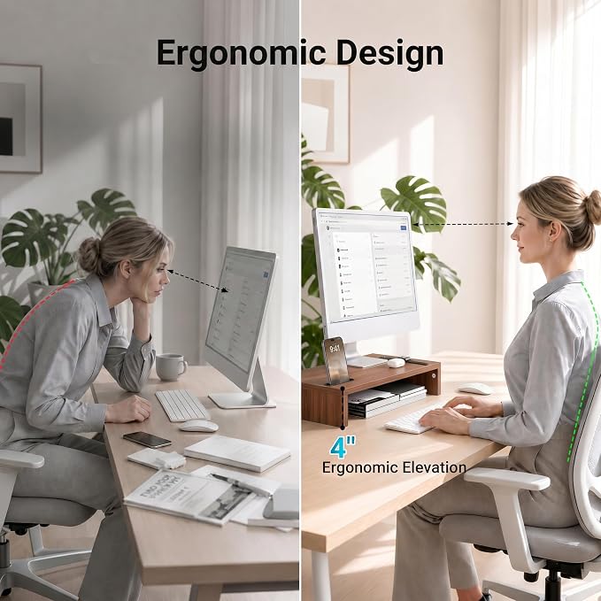 BONTEC Monitor Stand Riser with Cellphone Holder & Cable Management | 16.7 Inch Wood Monitor Riser Stand, Desktop Stand for PC/TV/Laptop/Printer, Walnut