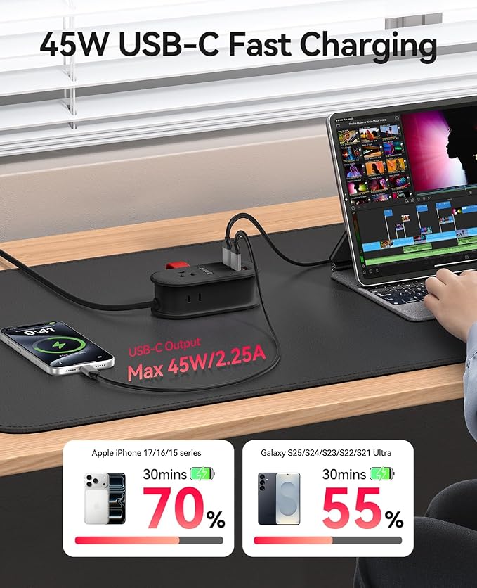ORICO 45W Power Strip for iPhone 17 and Galaxy S25, 7 in 1 Charging Station with 3AC, 2 USB-A, 2 USB-C, 4ft Thin Extension Cord, Flat Plug Fashion Essential for Travel/Home/Office/Library/Dorm - TK45