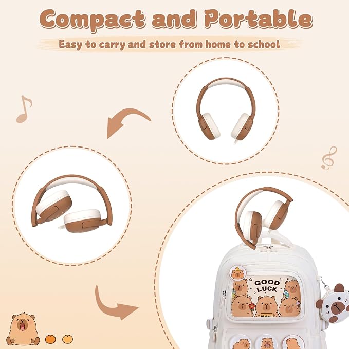 Capybara Backpack for Girls with Headphones - 4PCS Girls Backpack for Kindergarten Elementary Middle High School Travel - 3.5mm Wired Headphones Backpacks Back to School Gift(Beige)