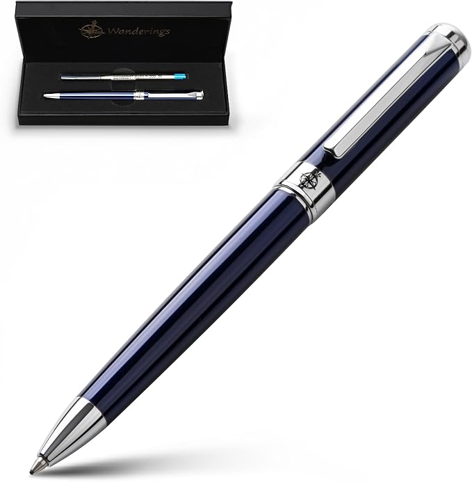 WANDERINGS Premium Ballpoint Pen with German Ink – Perfectly Balanced Executive Pen with Chrome Accents – Blue Breeze - Includes a Schmidt Refill in a Giftable Presentation Case for Men or Women