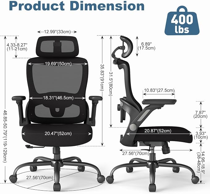 AnyGod Ergonomic High Back Mesh Office Chair, Big & Tall Swivel Desk Chair | 3D Adjustable Headrest, 4D Flip-Up Armrests, Computer Chair with Lumbar Support, Breathable Gaming Chair for Home Study