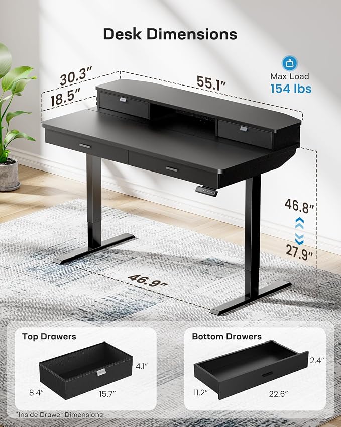 HUANUO 55 x 30 inch Electric Standing Desk with 2 Wood Drawers, Adjustable Height Sit Stand Desk for Home Office, Ergonomic Stand up Desk with 4 Memory Presets, 176 lbs Capacity, Black Top