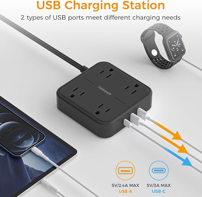 TESSAN Surge Protector Flat Extension Cord 10Ft, Flat Plug Power Strip with 4 Outlets 3 USB Ports (1 USB C), 900 Joules Protection, Multiple Wall Outlet Extender Suitable for Home Office Dorm, Black