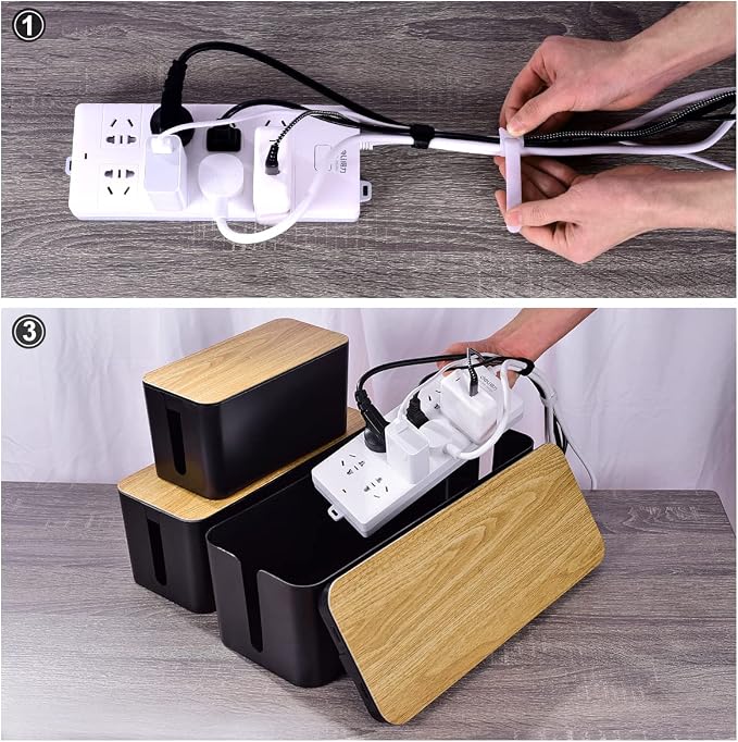 Tuwechen 3 Pack Cable Management Box, Cable Organizer Box to Hide Wires | Wooden Grain Desk Cord Organizer with 18-Piece Cable Management, Power Strips Holder, for Home & Office, Black