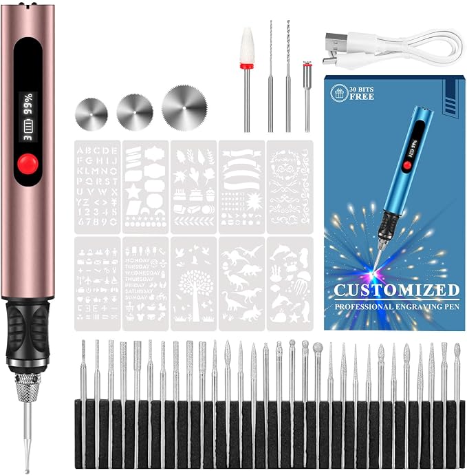 Engraving Pen, Ultimate Cordless Engraving Pen for Artists & DIYers - Engrave 60+ Surfaces - Beginner Friendly- 30 Bits & Mastery Guide (Rose)