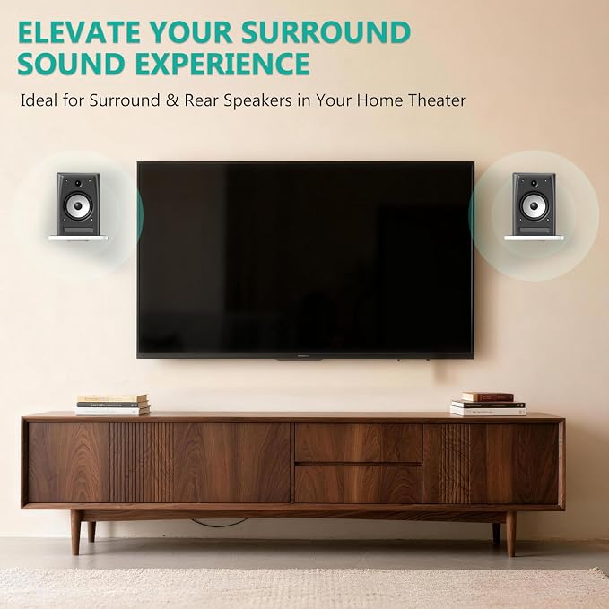WALI Speaker Wall Mount, Heavy Duty Bookshelf Speaker Floating Wall Shelves, Surround Sound Speakers Stand for Living Room, Home Theater and Gaming Room, Holds up to 55 Lbs, (SWM302W), 1 Pair, White