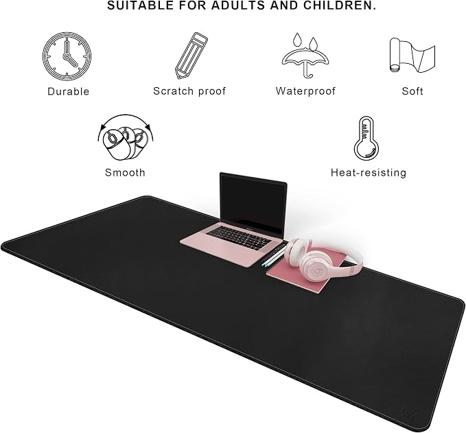 Vyaaa 55" x 24" PU Leather Desk Mat, Large Mouse Pad, Desktop Protector Cover, Writing Pad and Blotter, Desk Mats on top of Desks for Home or Office (Black)